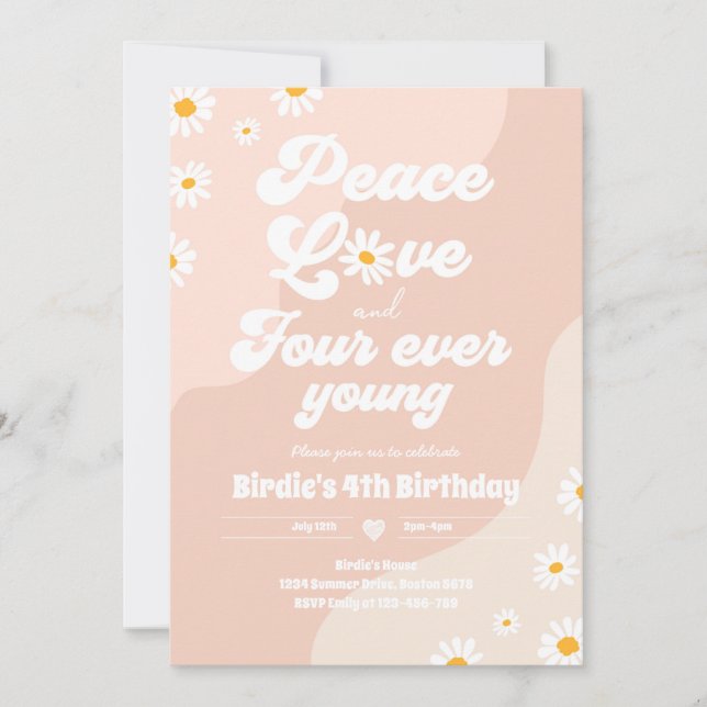 Convite Boho Daisy 4º Aniversário Paz Ama Quatro Nunca Jov (Frente)