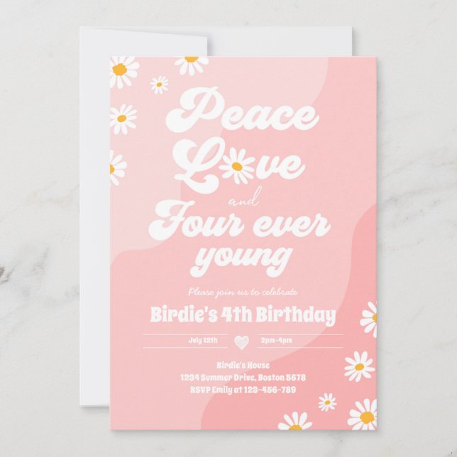 Convite Boho Daisy 4º Aniversário Paz Ama Quatro Nunca Jov (Frente)
