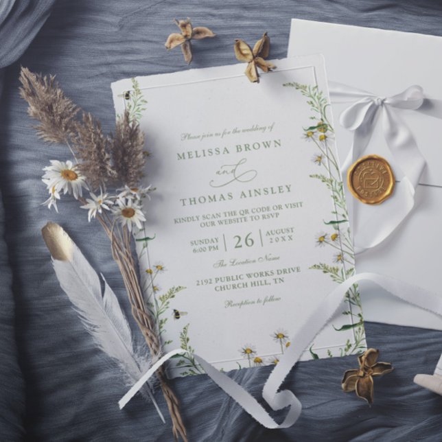 Convite Boho Daisy Beidge Wildflower QR Code Wedding (Criador carregado)