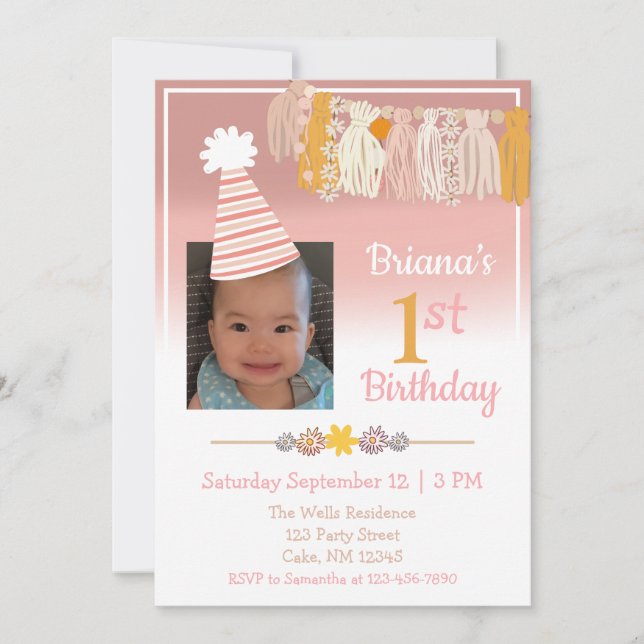 Convite Boho Daisy Custom Photo Girls First Birday (Frente)