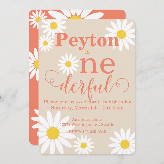 Convite Boho Daisy de Primeiro Aniversário (Frente/Verso)