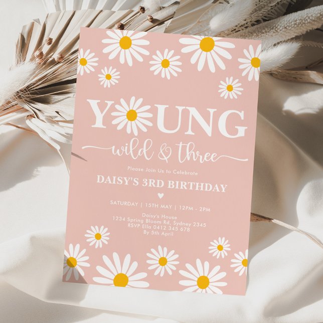 Convite Boho Daisy Floral Young Wild & Three aniversário d (Criador carregado)