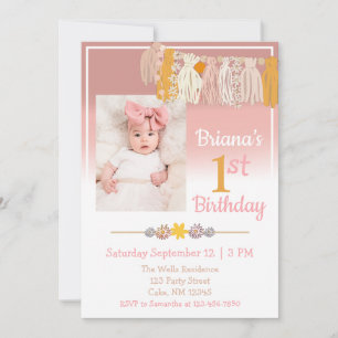 Convite Boho Daisy Foto Personalizada Rosa Primeiro Aniver