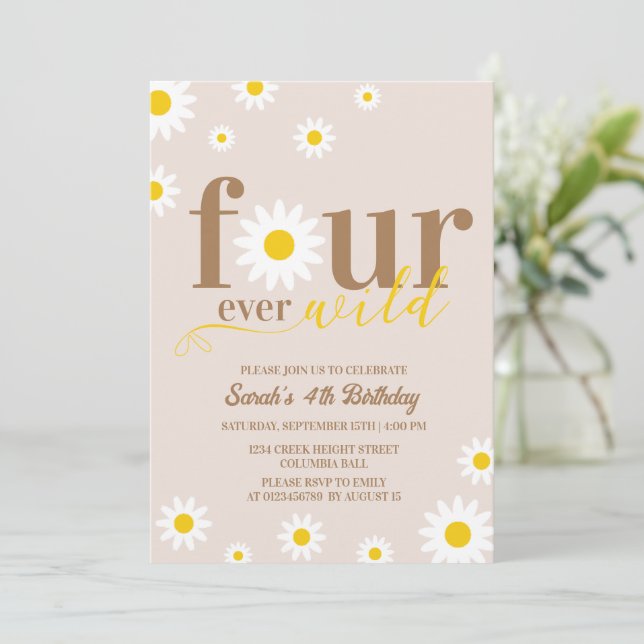Convite Boho Daisy Four Ever Wild 4th Birthday (Em pé/Frente)