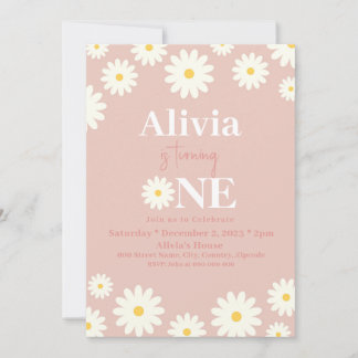 Convite Boho Daisy One Floral Pink Bohemian primeiro anive