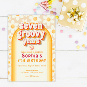 Convite Boho Daisy Rainbow Birthday, sete anos de Groovy