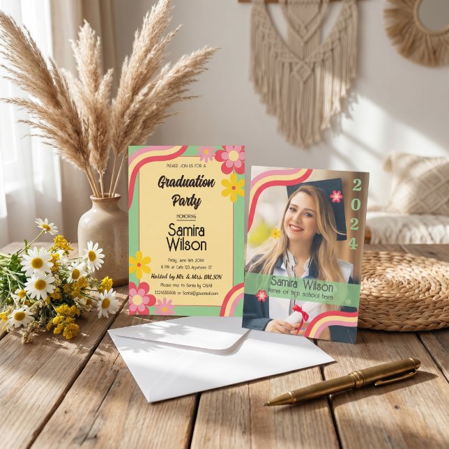 Convite Boho Daisy Retro Verde Musgo Foto Festa de Formatu (Boho Daisy Retro Text Photo Graduation Party Invitation)