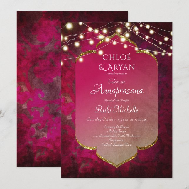 Convite Boho Damask Inspirado em Indiano em Rosa Profundo (Frente/Verso)