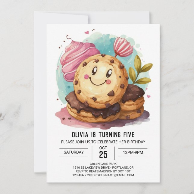 Convite Boho de Diversão de Aquarela Cookies Aniversário (Frente)