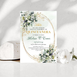 Convite Boho de Quinceañera em Verde Sujo e Folhag
