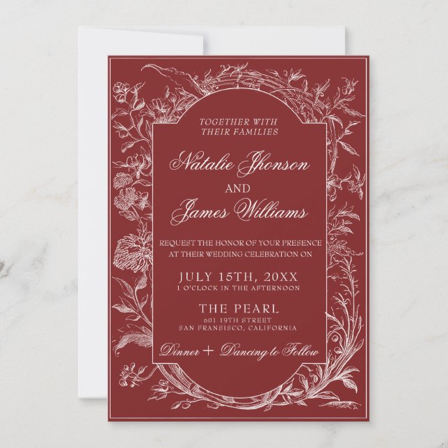 Convite Boho Deep Red Floral QR Code Botanical Wedding (Frente)