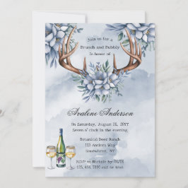 Convite Boho Deer Antler Blue Floral Brunch & Bubble