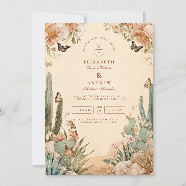Convite Boho Desert Cactus Floral Wedding (Frente)