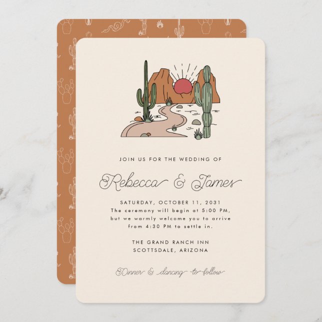 Convite Boho Desert Cactus Modern Script Wedding (Frente/Verso)