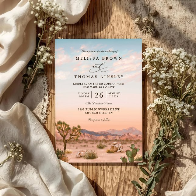 Convite Boho Desert Cactus Rustic Elegant QR Code Wedding (Criador carregado)