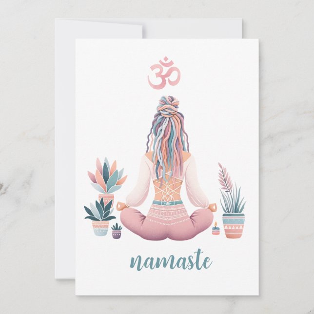 Convite Boho Design- Frau mit Dreadlocks- Meditation- OM (Frente)
