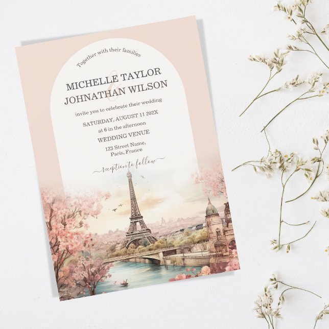 Convite Boho Destination Wedding Paris Eiffel Tower França (boho paris watercolor blush pink)