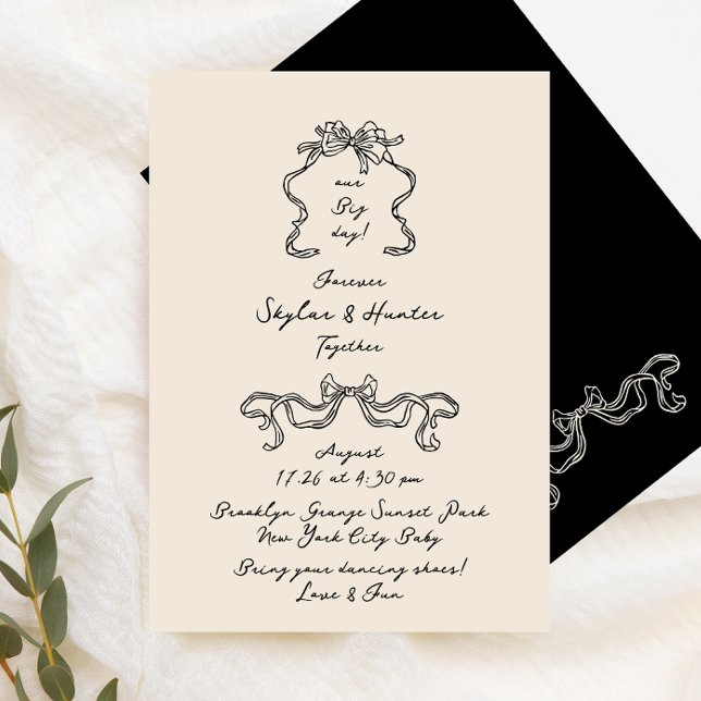 Convite Boho Doodle Casamento Retro Black Cream Manuscrito (Criador carregado)