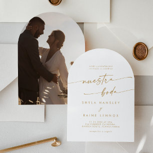 Convite Boho Dourado e White Photo Arch Casamento espanhol