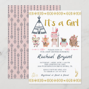 Convite Boho Dourado Rosa É Um Chá de fraldas