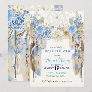 Convite Boho Dream Catcher Feather Blue Ivory Brown