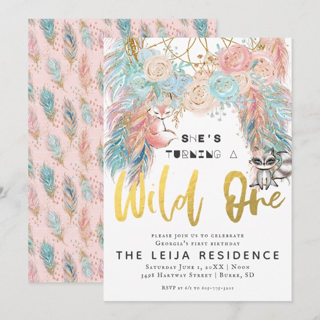 Convite Boho Dreamcatcher Wild One Birthday (Frente/Verso)