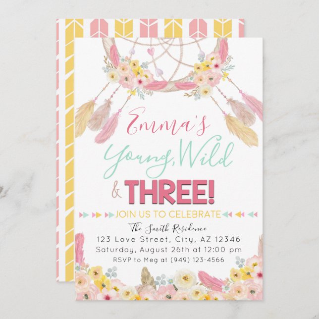 Convite Boho Dreamcatcher Young Wild & Three aniversário d (Frente/Verso)