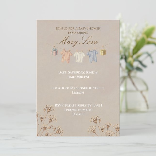 Convite Boho Dried Flower Baby Shower Invitation (Em pé/Frente)
