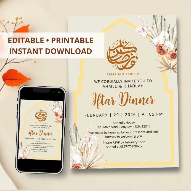 Convite Boho Dried Flowers Ramadan Iftar Dinner Invitation (Criador carregado)
