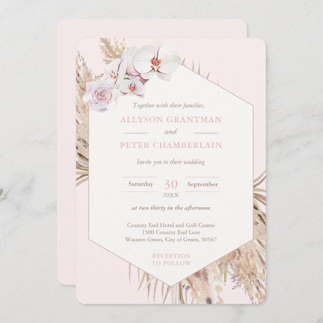 Convite Boho Dried Tropical Palm Deixa Casamento Pampas (Frente/Verso)