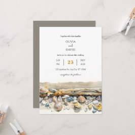 Convite Boho Driftwood Sea Shells Sandy Shoreline Casament