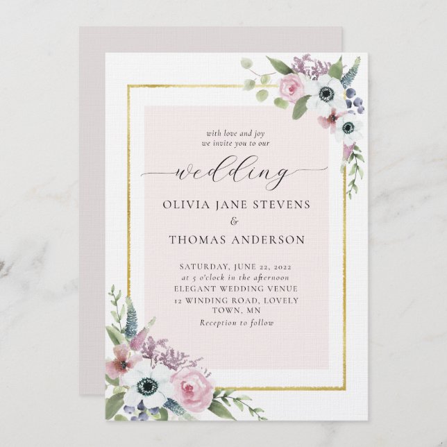 Convite Boho Dusty Anemone Rosa Floral Casamento (Frente/Verso)