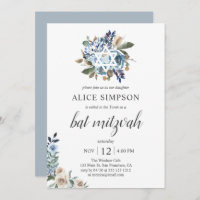 Boho Dusty Blue Beige Flowers Bat Mitzvah