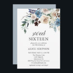 Convite Boho Dusty Blue Beige Flowers Sweet 16<br><div class="desc">Flores azuis poeirentas e beigres neutras com folhas secas.</div>
