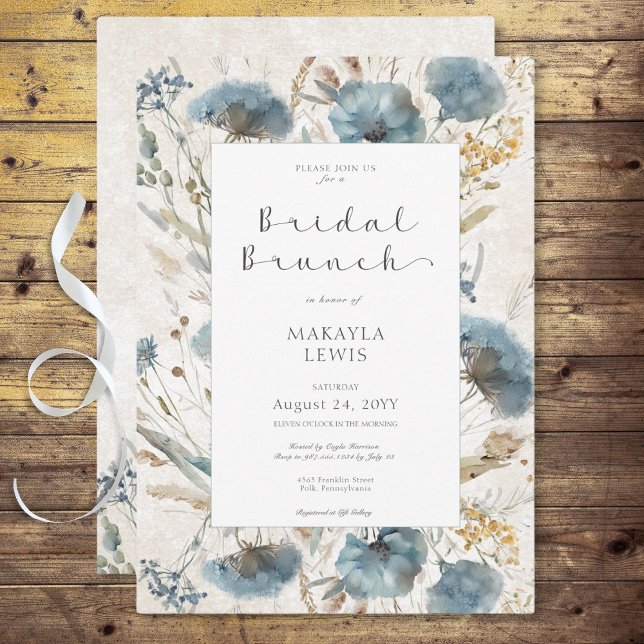 Convite Boho Dusty Blue & Brown Floral Bridal Brunch (Boho Dusty Blue & Brown Floral Bridal Brunch Invitation)