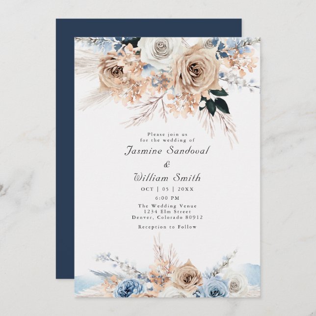 Convite Boho Dusty Blue e Beige Floral Weding (Frente/Verso)