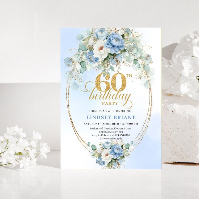 Convite Boho Dusty Blue Floral 60th Birthday Invitation (Boho Dusty Blue Floral 60th Birthday Invitation)