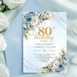 Convite Boho Dusty Blue Floral Gold 80th Birthday Invite