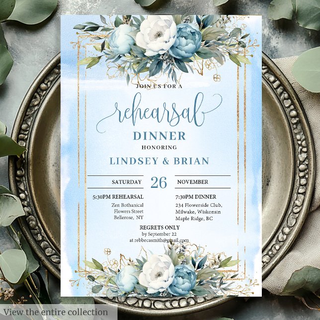 Convite Boho Dusty Blue Floral Gold Glitter Dinner Invites (Boho Dusty Blue Floral Gold Glitter Dinner Invitation)