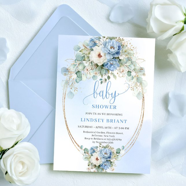 Convite Boho Dusty Blue Flowers Eucalyptus Gold Baby Showe (Boho Dusty Blue Flowers Eucalyptus Gold Baby Shower)