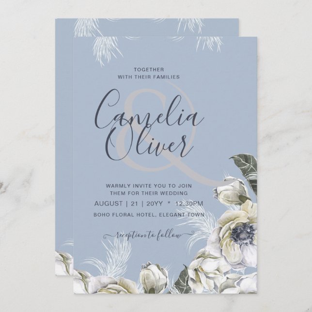 Convite BoHO Dusty Blue Pampas Casamento Floral (Frente/Verso)