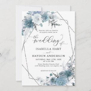 Convite Boho Dusty Blue Slate Pastel Silver Foil Casamento