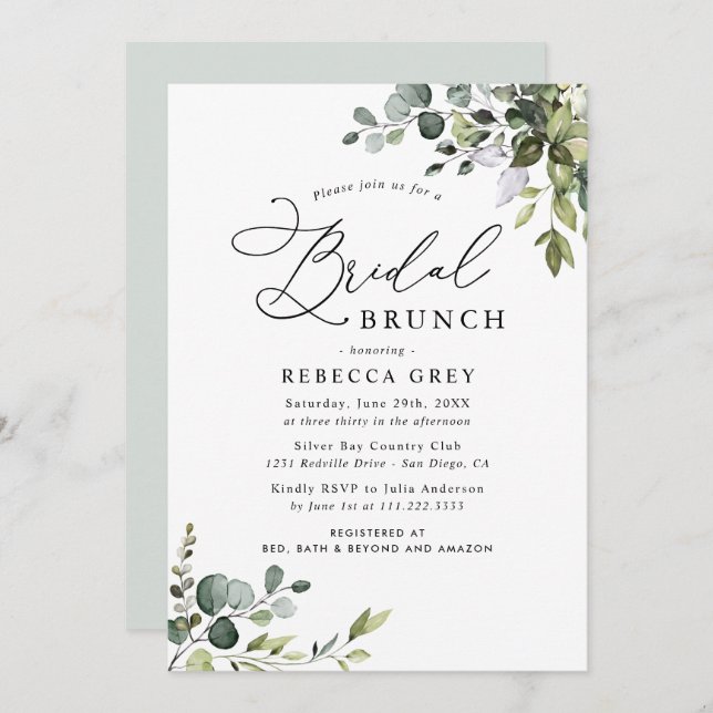 Convite Boho Dusty Blue Watercolor Greenery Bridal Brunch (Frente/Verso)