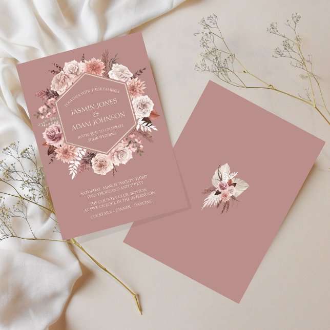 Convite Boho Dusty Floral Wreath Pink (Boho Dusty Pink Floral Wreath Wedding Invitation)