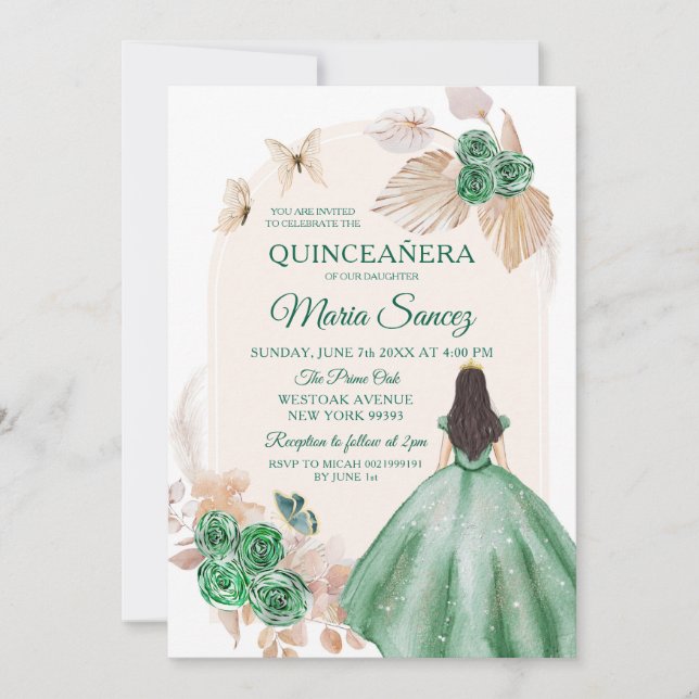 Convite Boho Dusty Green Floral Mexicana Quinceañera (Frente)