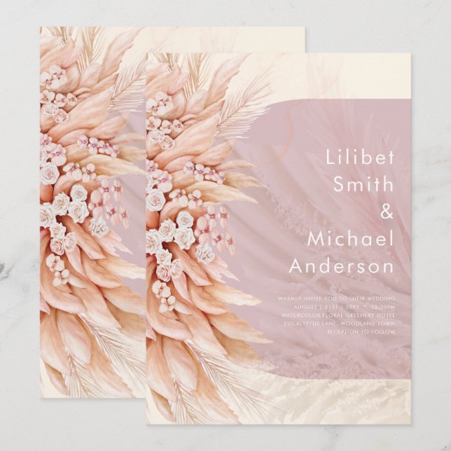 Convite BoHO Dusty Rosa Coral PAMPAS Casamento GRASS (Frente/Verso)