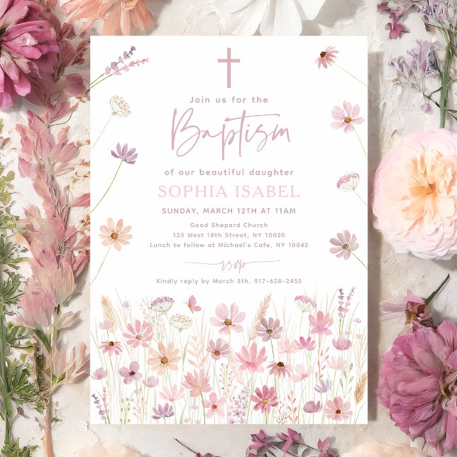 Convite Boho Dusty Rosa Wildflower Baptism (Criador carregado)