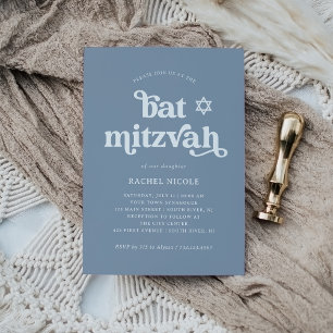Convite Boho e Retro Azul Poeirento   Bat Mitzvah