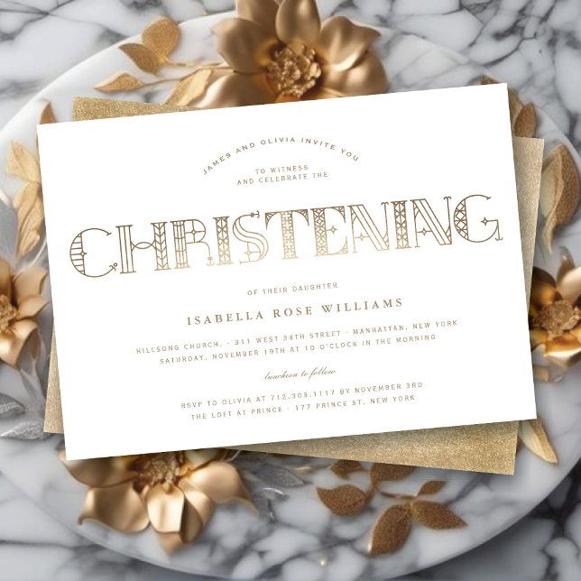 Convite Boho Elegant Classy Dourado/White Na moda Christen (Boho Elegant Classy Gold/White Stylish Christening Religious Invitation @ fat_fa_tin)