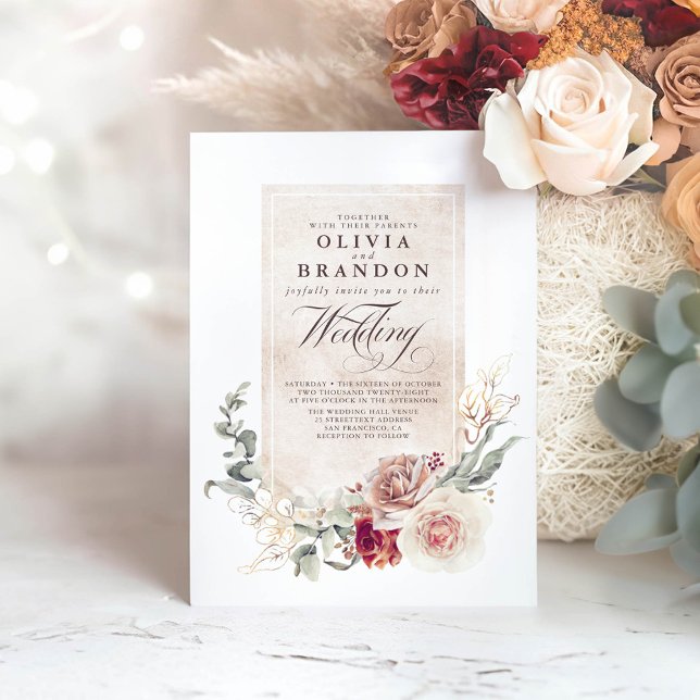 Convite Boho Elegante Boho Flores Terrenas (Earthy Flowers Elegant Wedding Invitation)